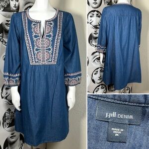 J. Jill Denim Relaxed Fit Dress w/ Embroidered Front & Sleeves, Sz M